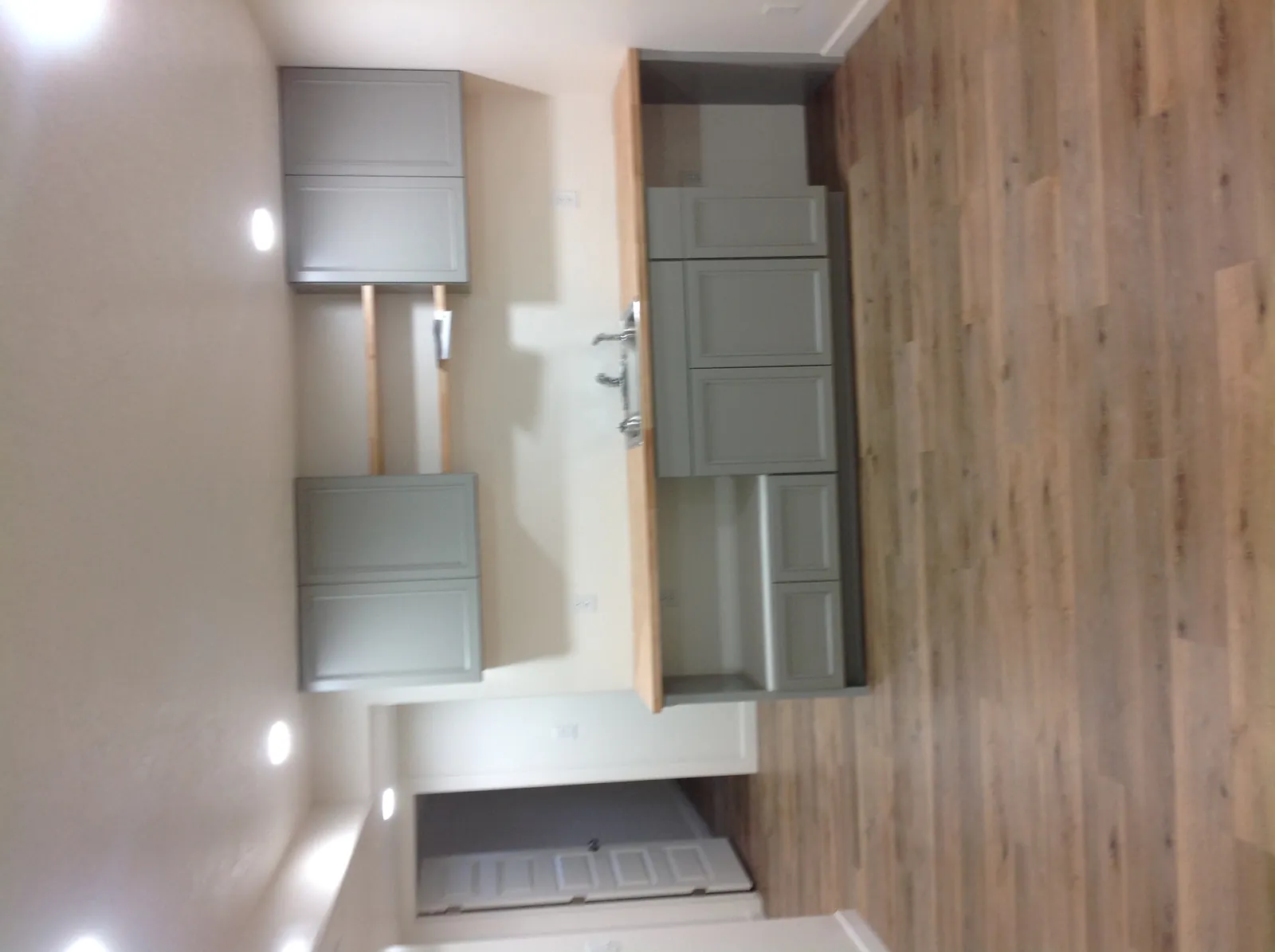 Grey double vanity with wood-look plank flooring