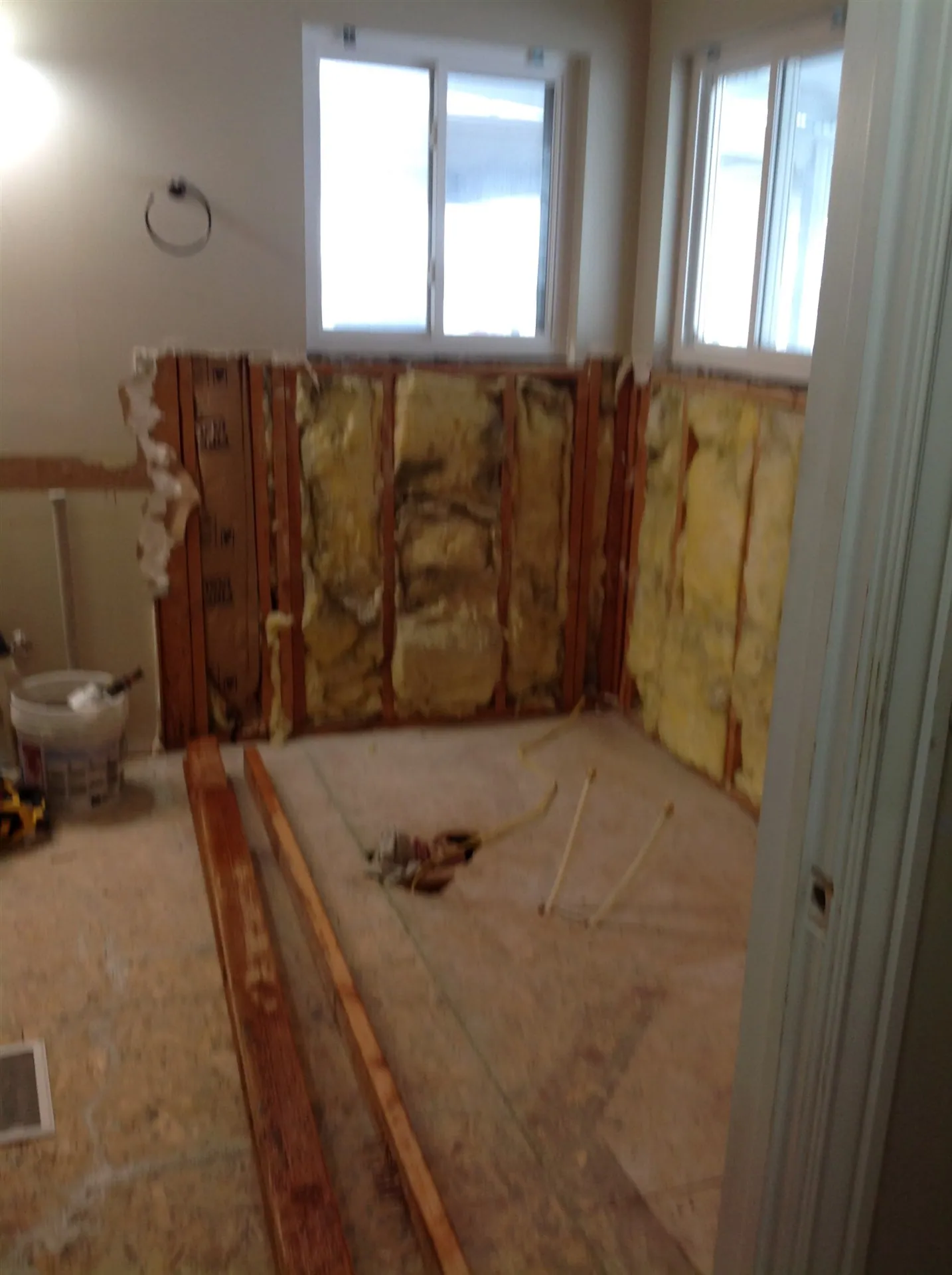 Bathroom gutted to studs and insulation before rebuild