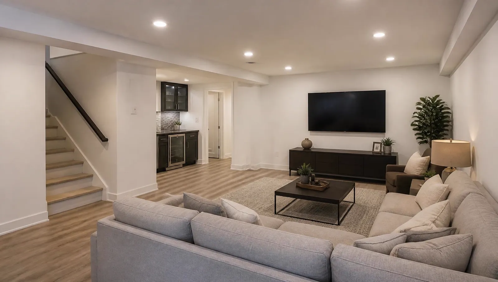 Finished basement family room with luxury vinyl plank flooring completed by A&Y Full Remodels in Utah County