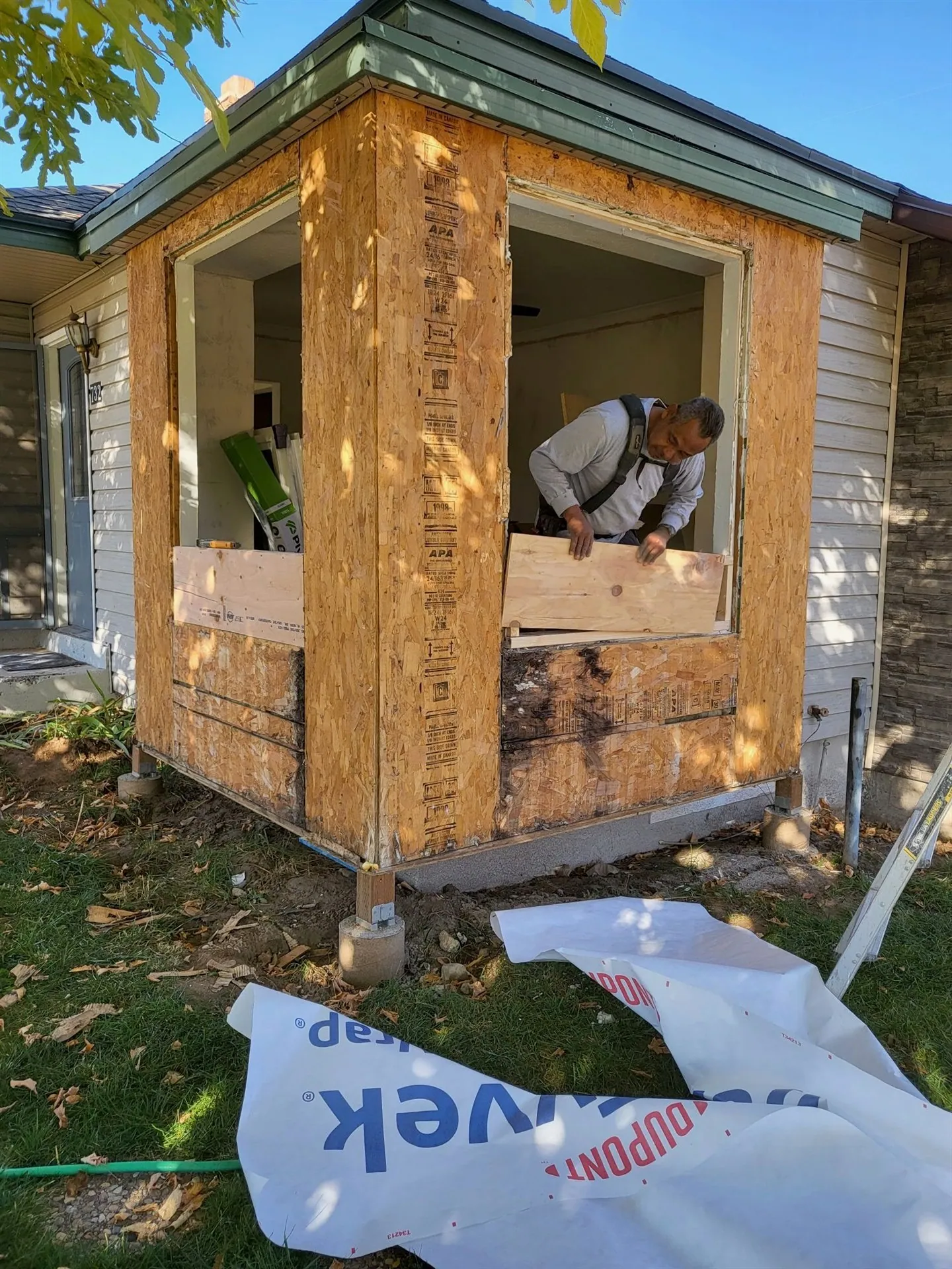 Exterior bump-out addition framed and sheathed