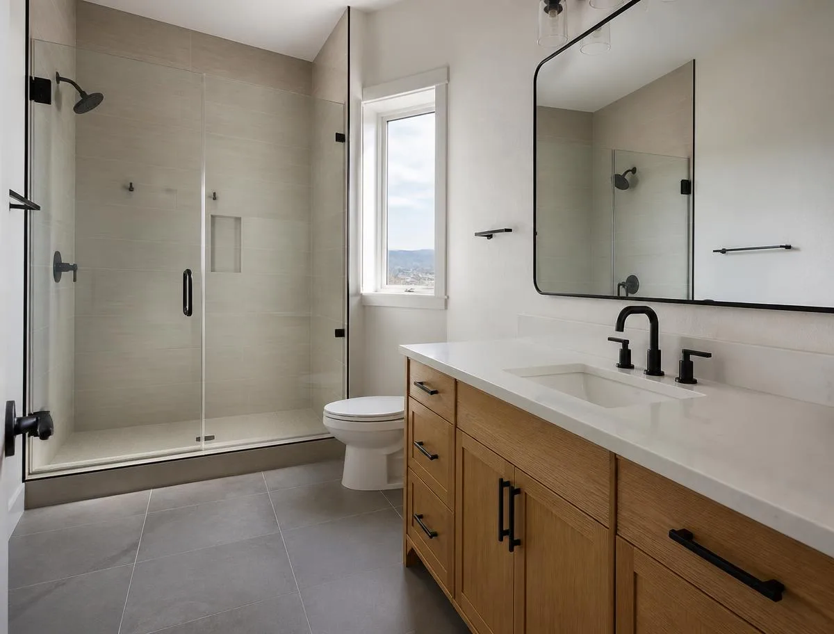 Finished residential bathroom remodel with a tiled shower and new vanity
